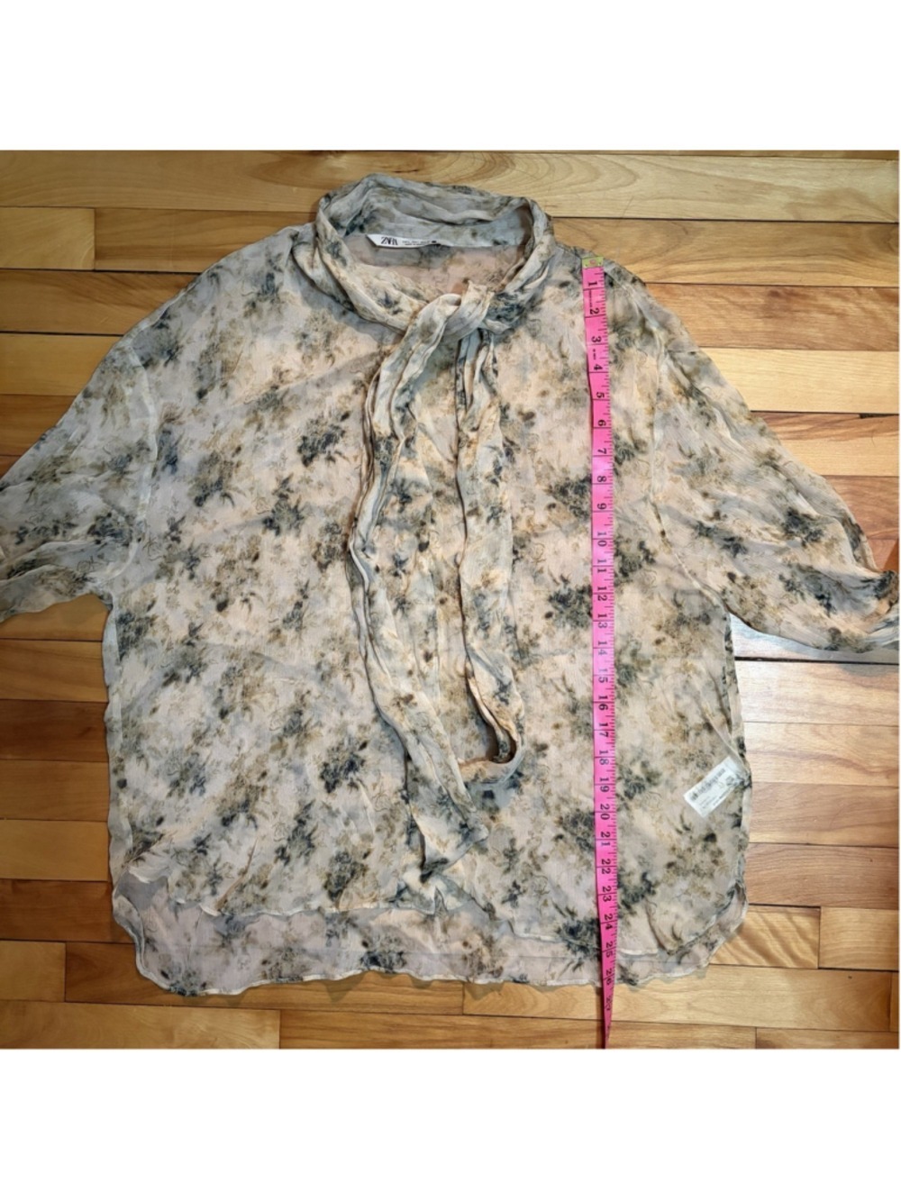 Zara Sheer Floral Tie Blouse - Size Large - Picture 7 of 14